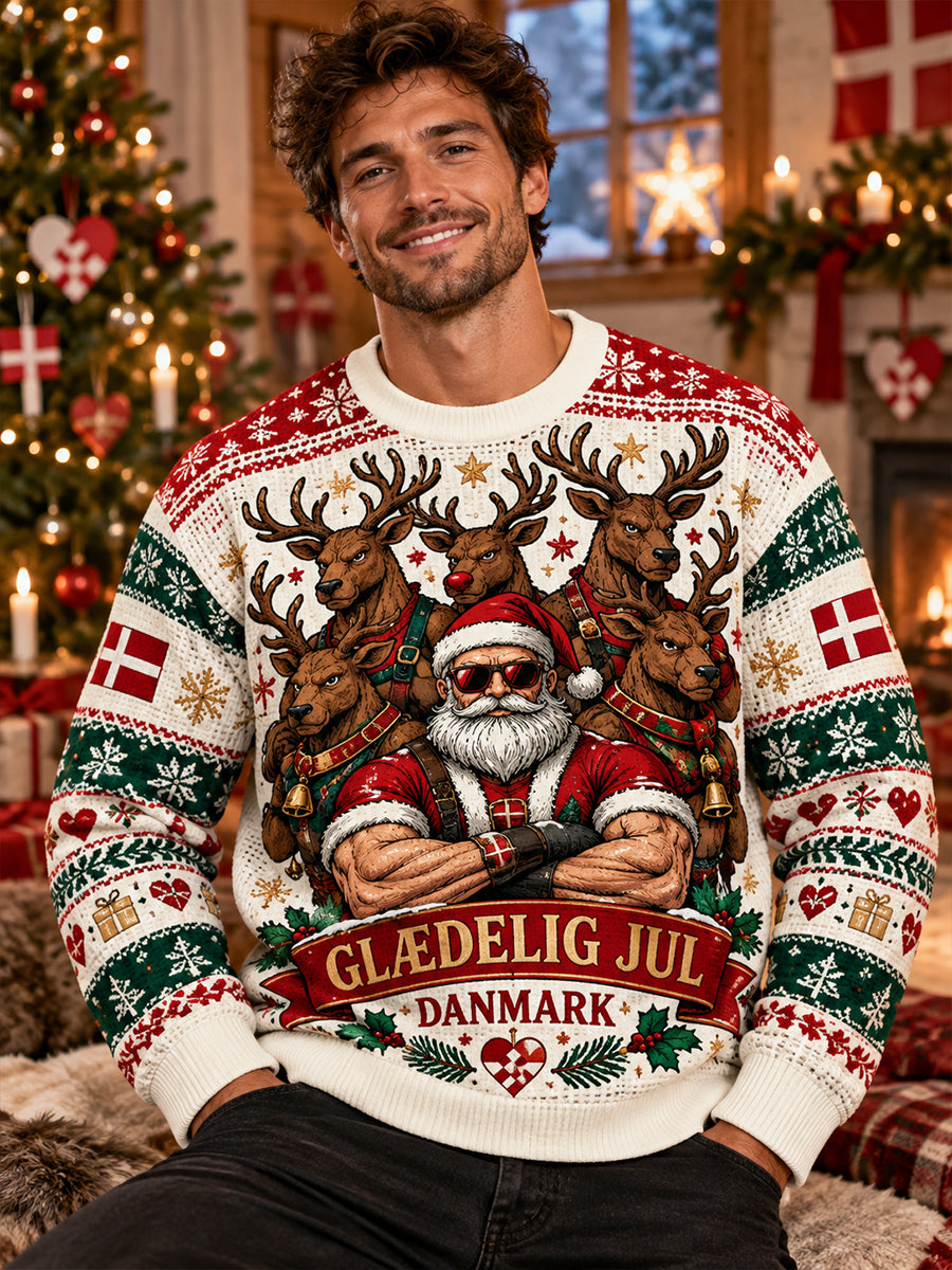 Mænds julemotiveret printet vaffelstrikket langærmet sweatshirt