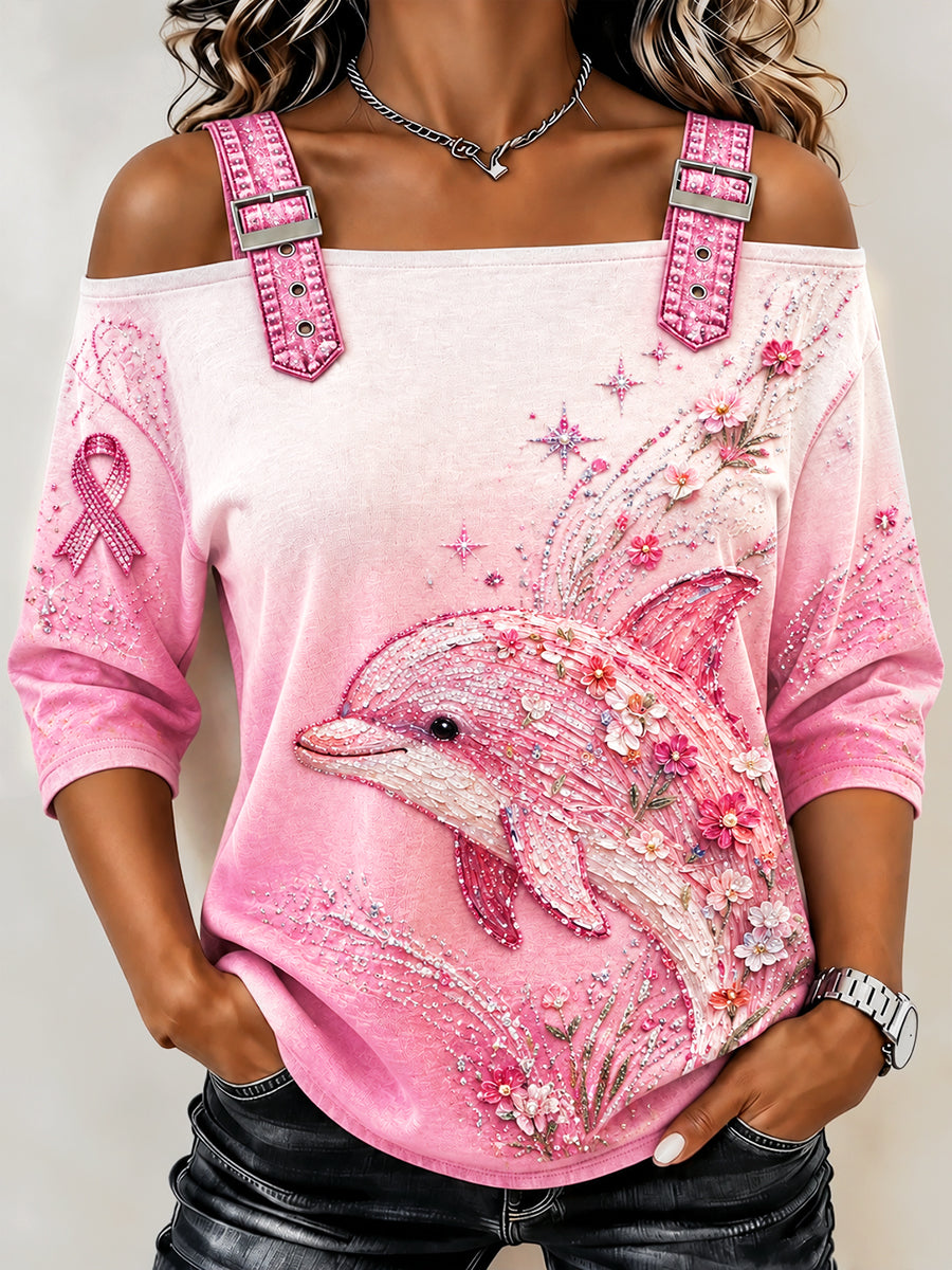Kvinders gradient fransk-stil brystkræft Dolphin-Print Casual Tope