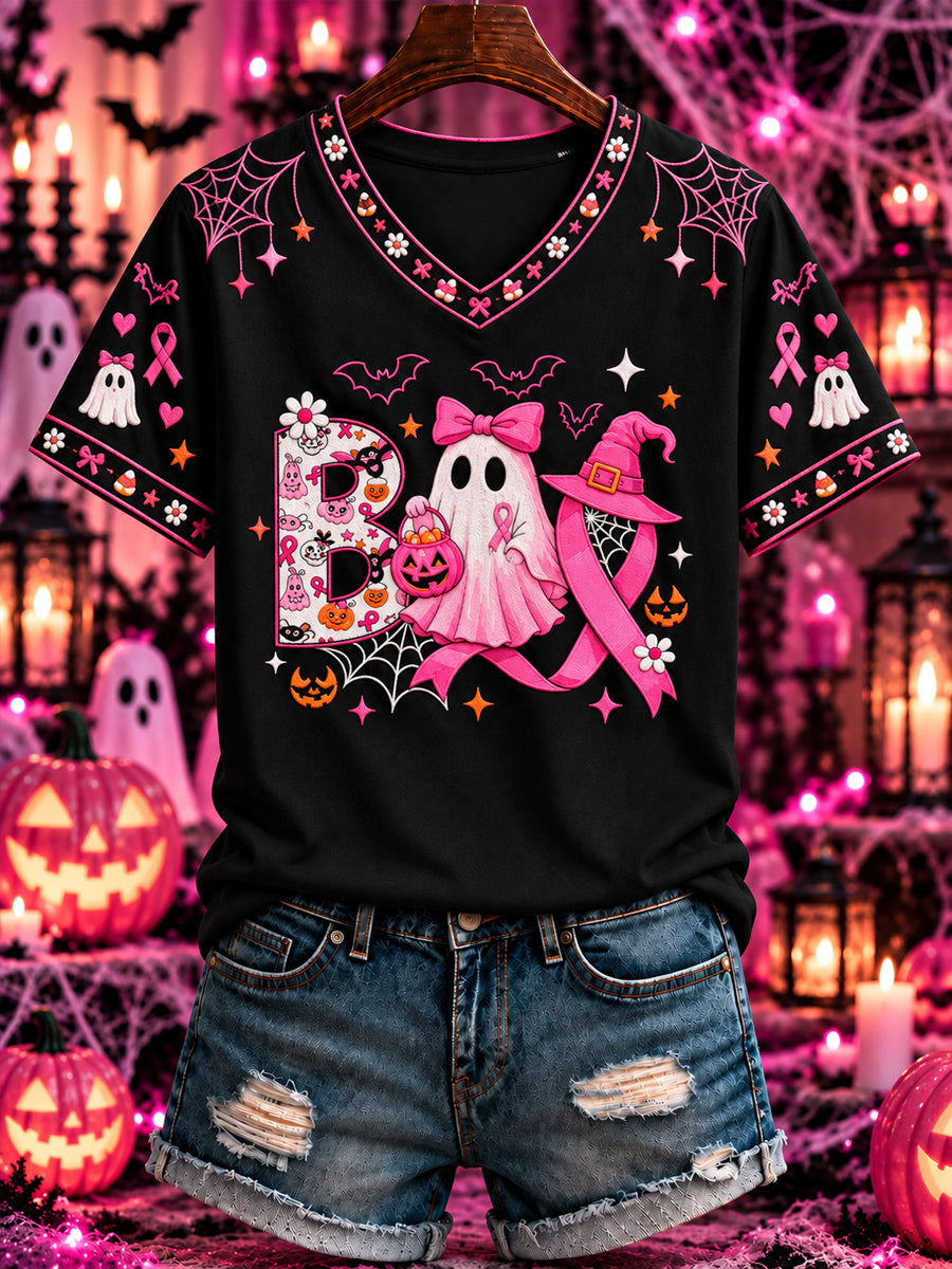 Kvinde Halloween T-shirt med tryk af brystkræft og V-udskæring