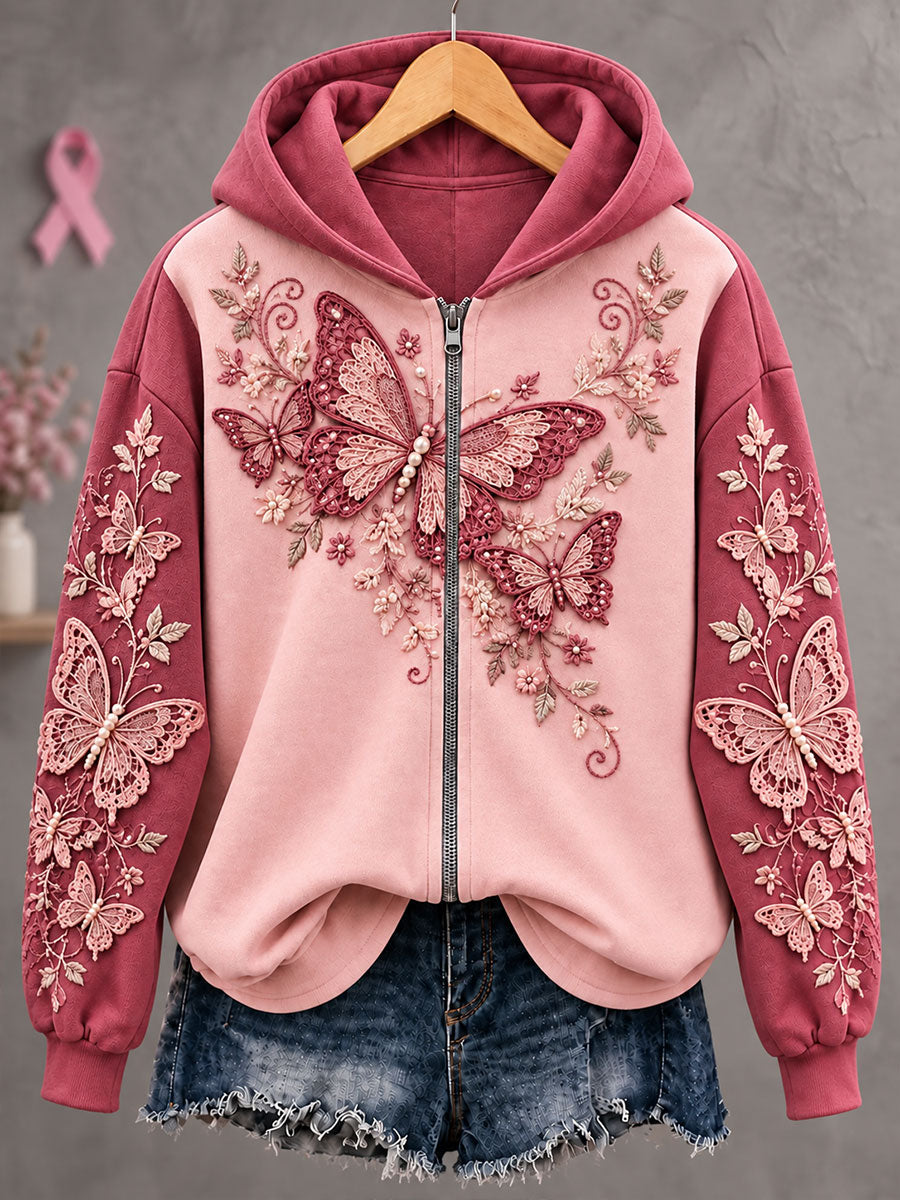 Kvinders brystkræft sommerfugl kunst lynlåshættetrøje