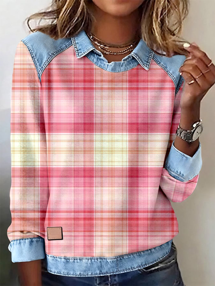 Kvinders lyserød plaid mønster mønstre kunst sweatshirt