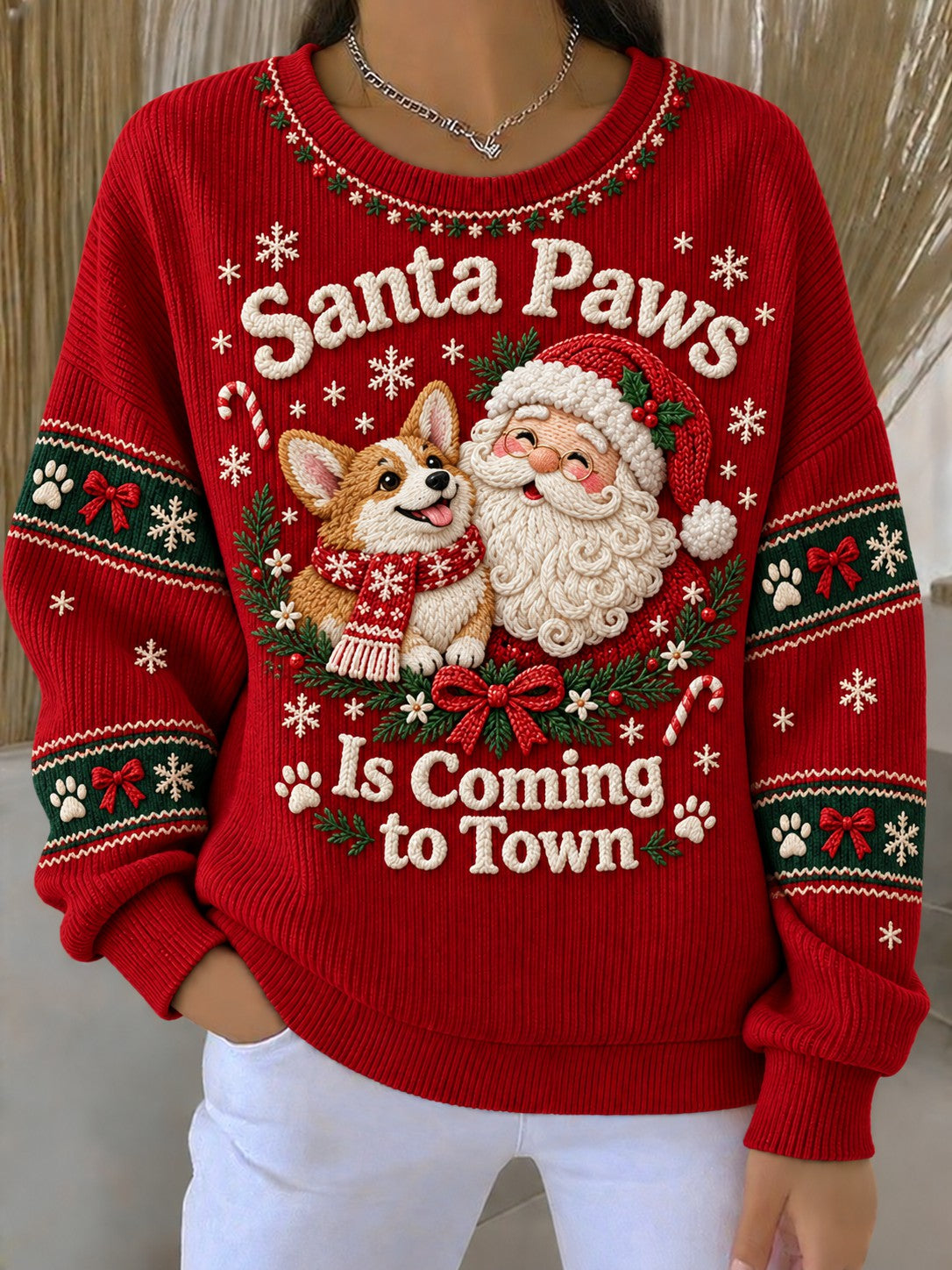 Kvinders juletrøje med print: Julemandens poter er på vej til byen