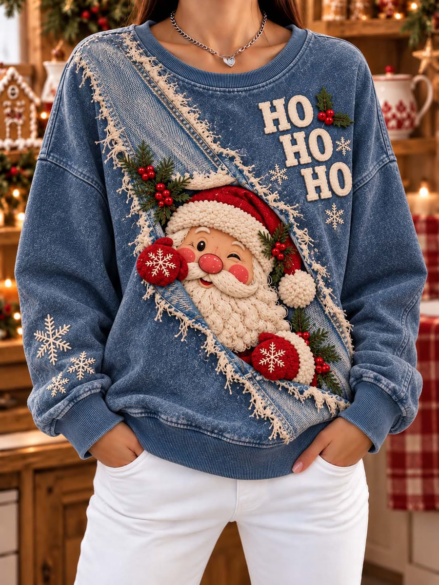 Kvinders juletrøje med print af julemanden, normal pasform