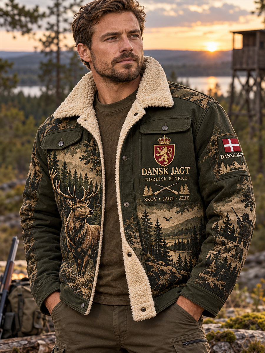 Mænds fleece-forede jakke med jagt-tema print