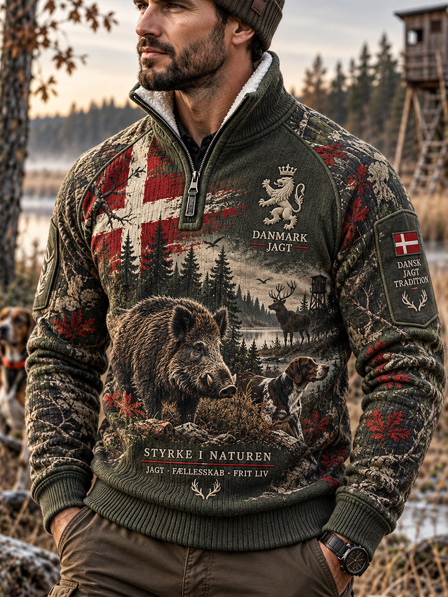 Herre-sweatshirt med fleecefor og høj krave samt jagtmotiv