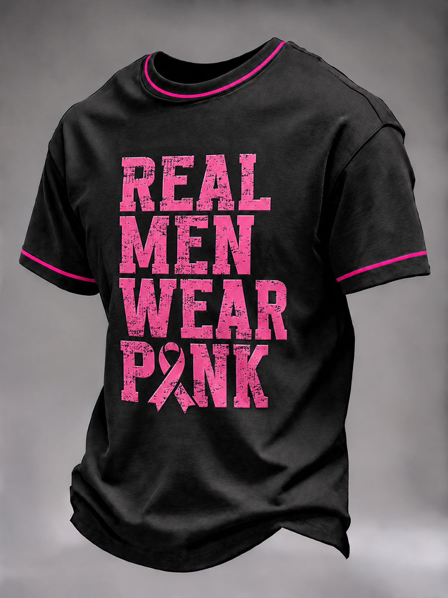 Mænds Brystkræftbevidstheds T-shirt – Ægte Mænd Bærer Pink, Korte Ærmer