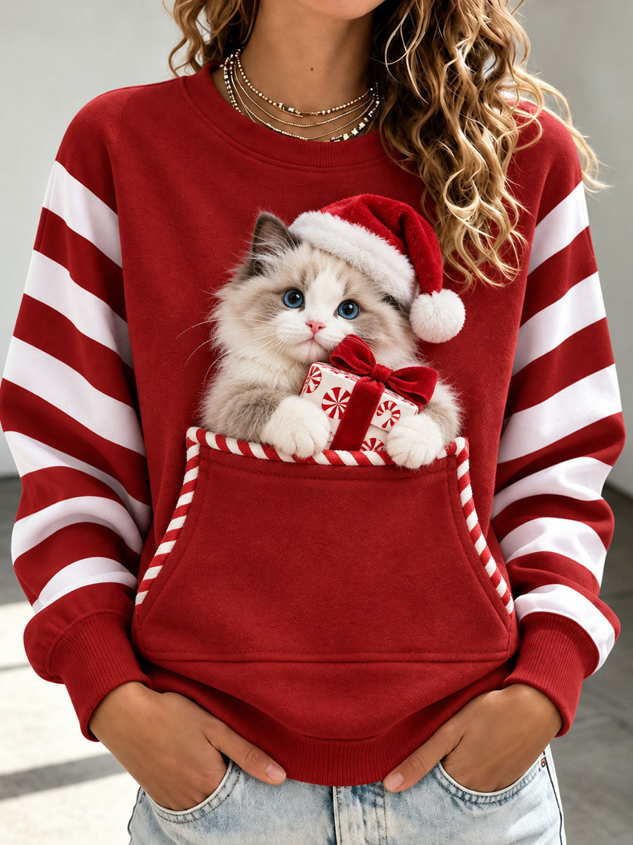 Kvinde-julesweatshirt med katteprint, afslappet stil