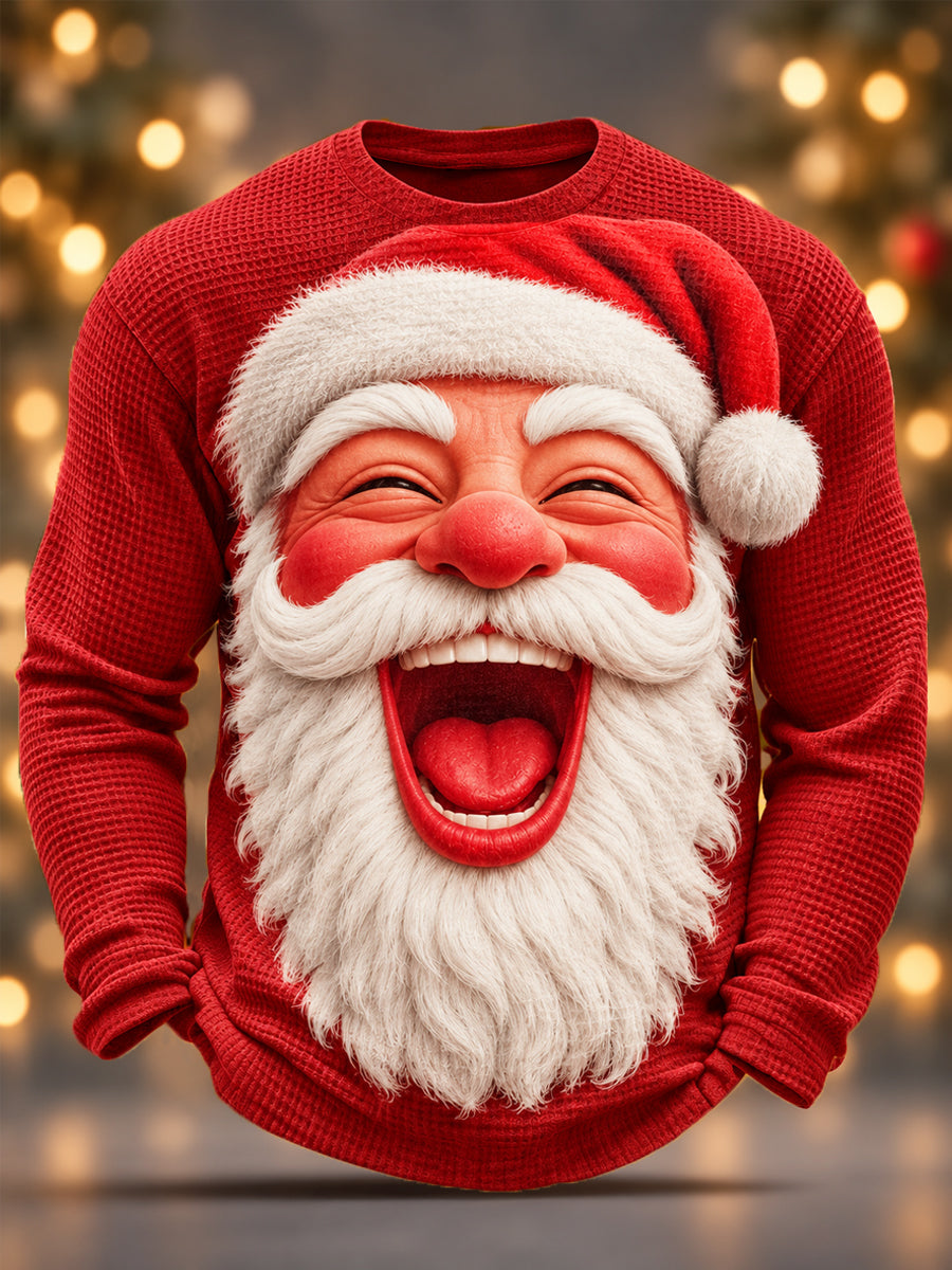 Mænds julen Claus Print Casual Vaffel langærme T-shirt