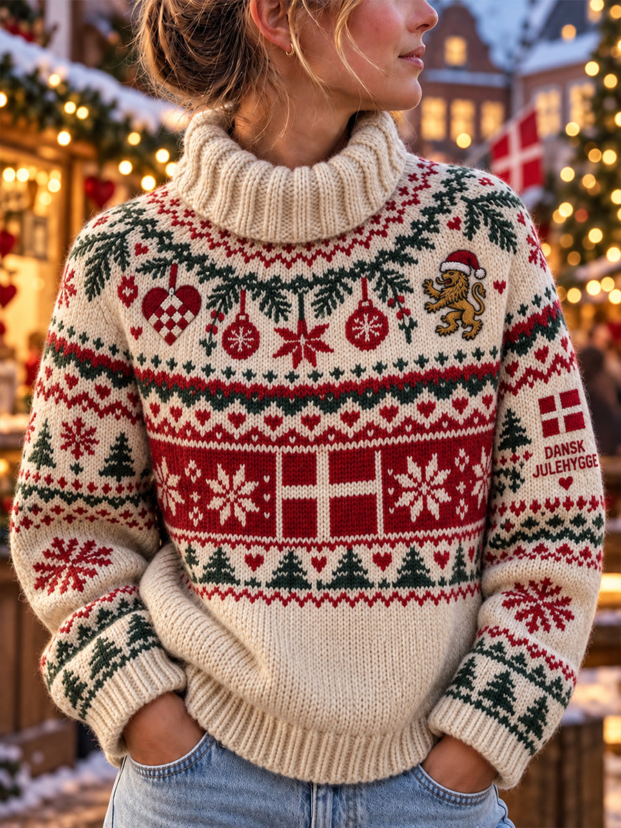 Kvinders festlige strikket turtleneck-sweater med julemotiv