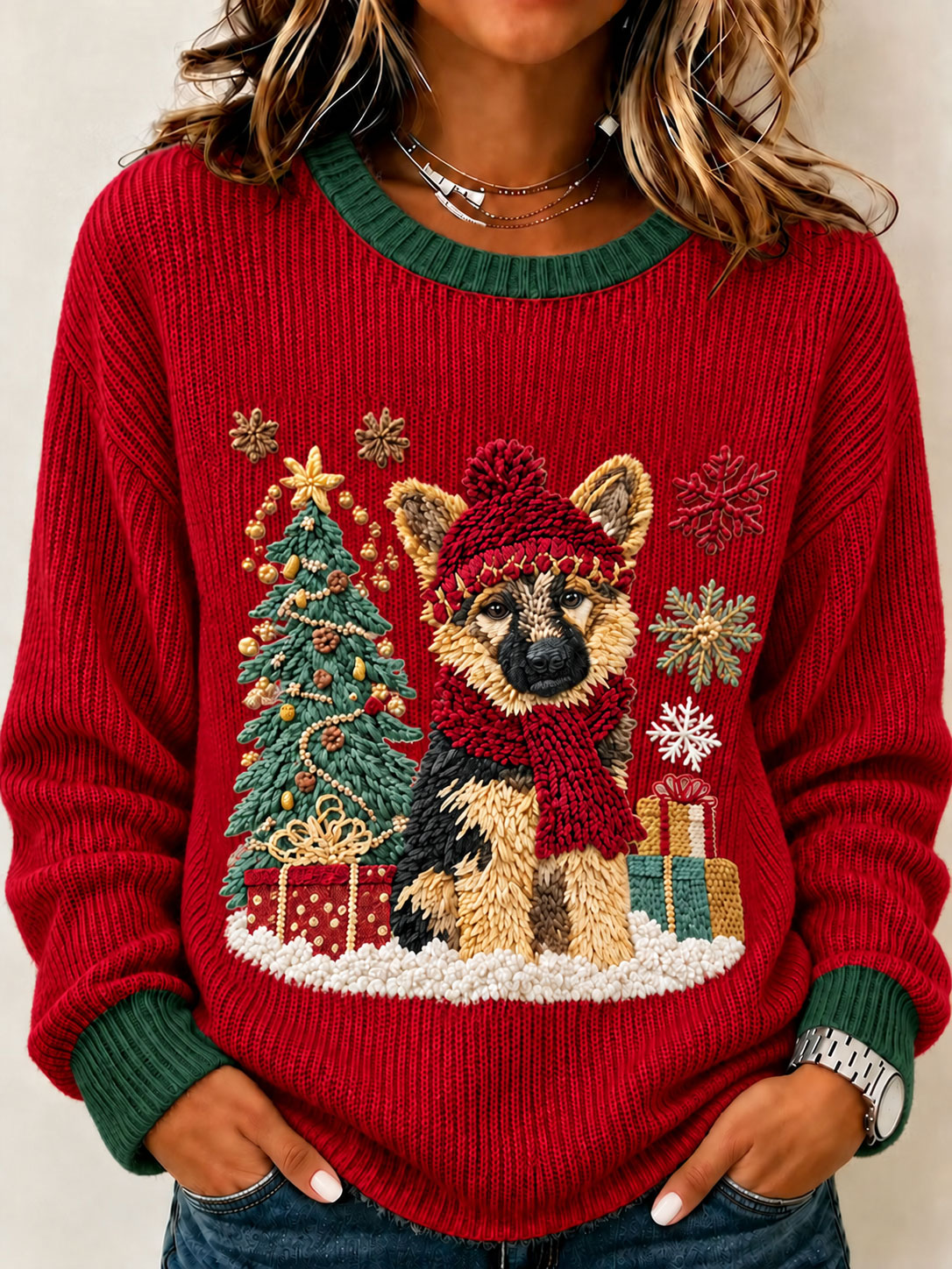 Sjov hunde-kunst damepullover med rund hals