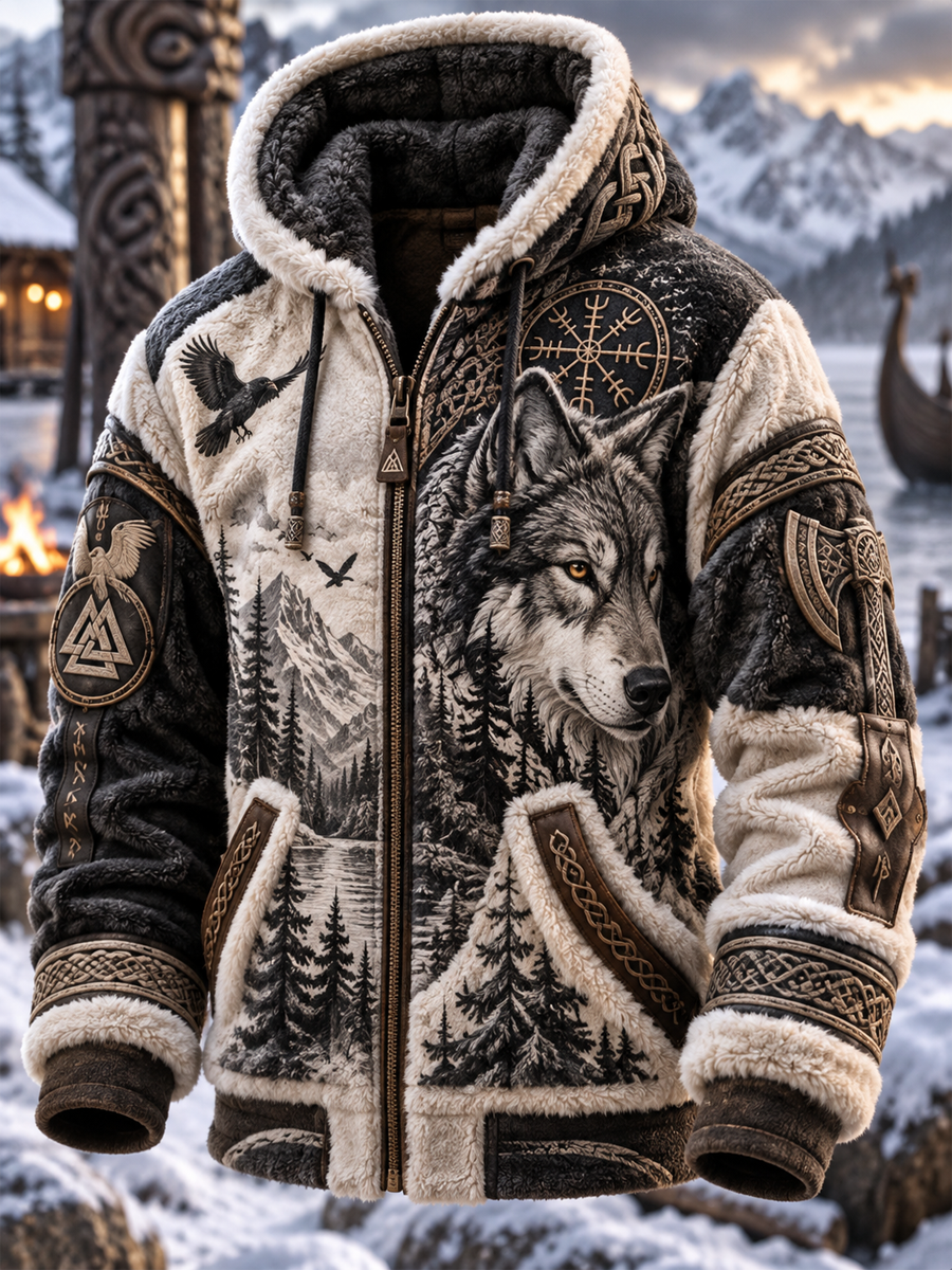 Mænds Vikinge-stil lang hættefuld Fleece Coa