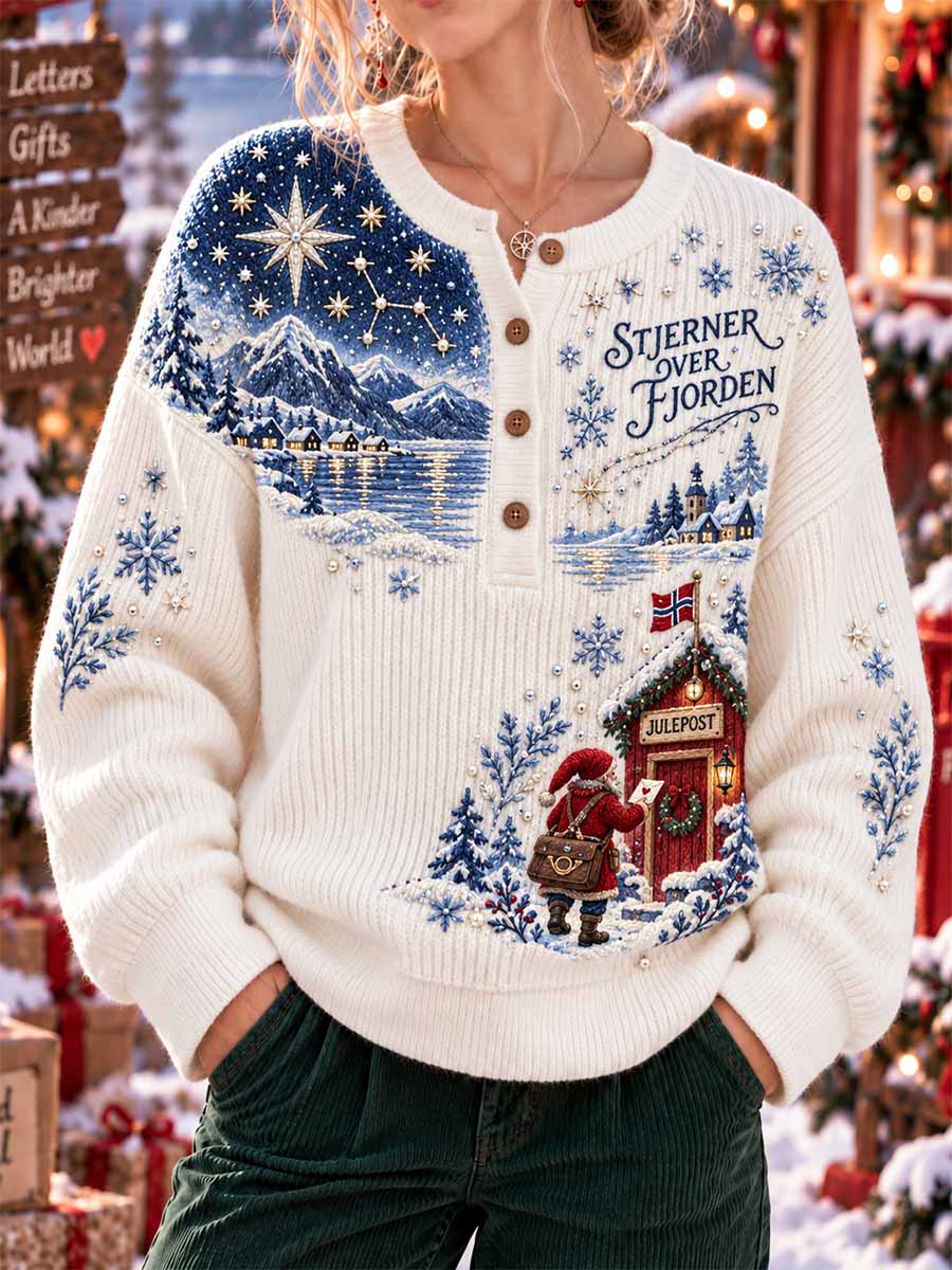 Kvinners tradisjonelle julesweater med poststempelmotiv