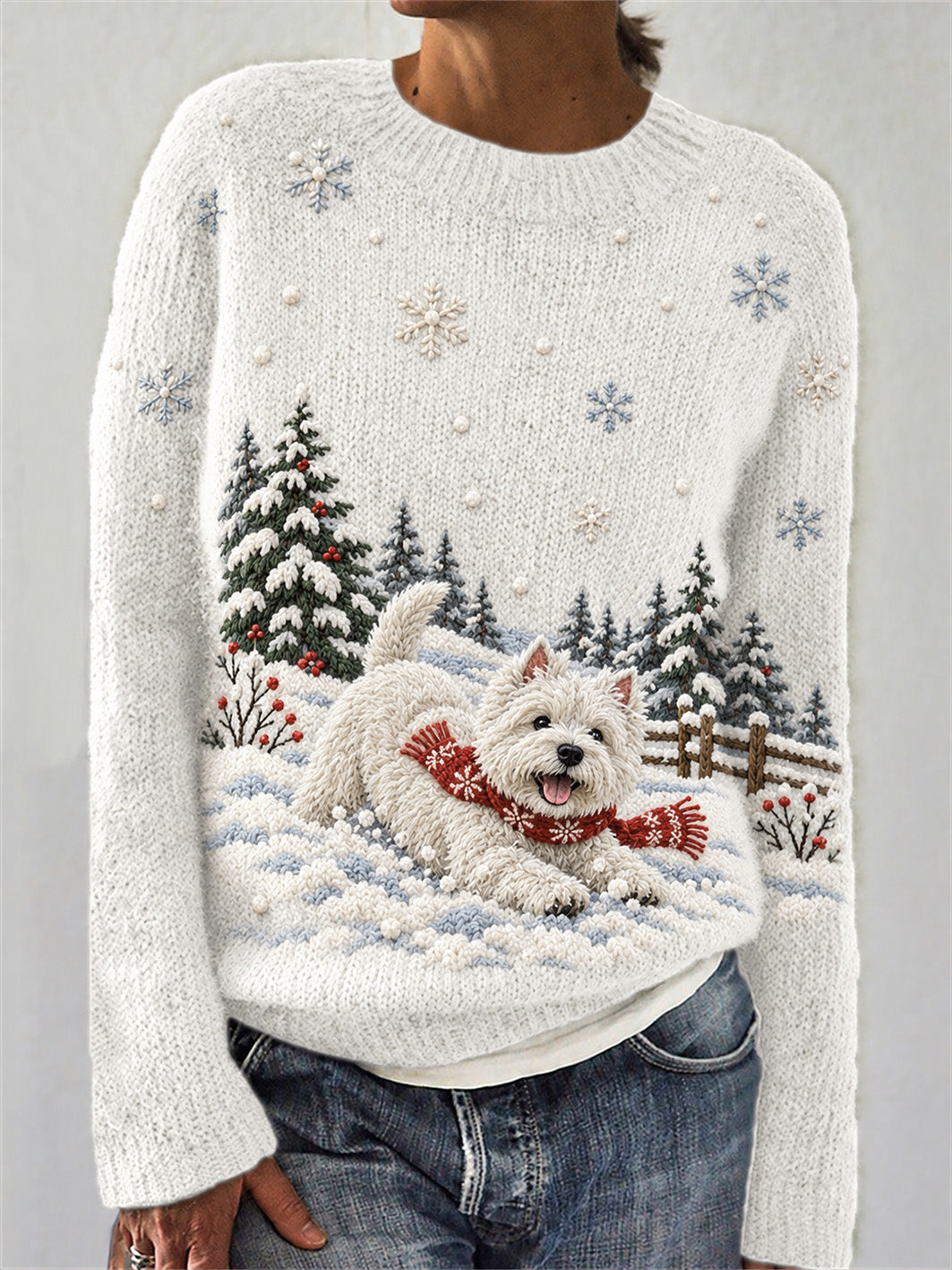 Kvinders vinter West Highland hvid terrier hunde Mønster Casual Round-hals SweaterComment