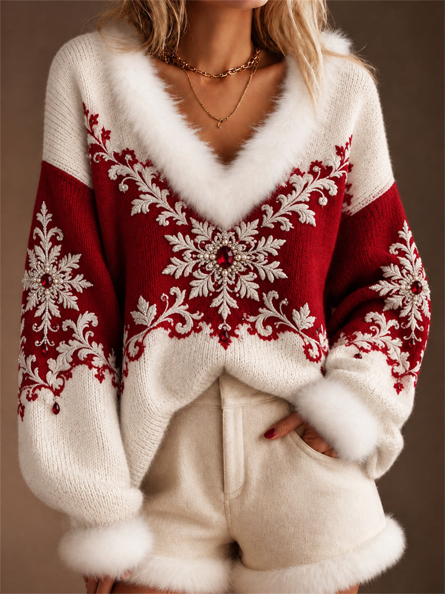 Kvinders stilfulde jul snefnuger Kontrast farve Print Fur Trim V hals SweaterName