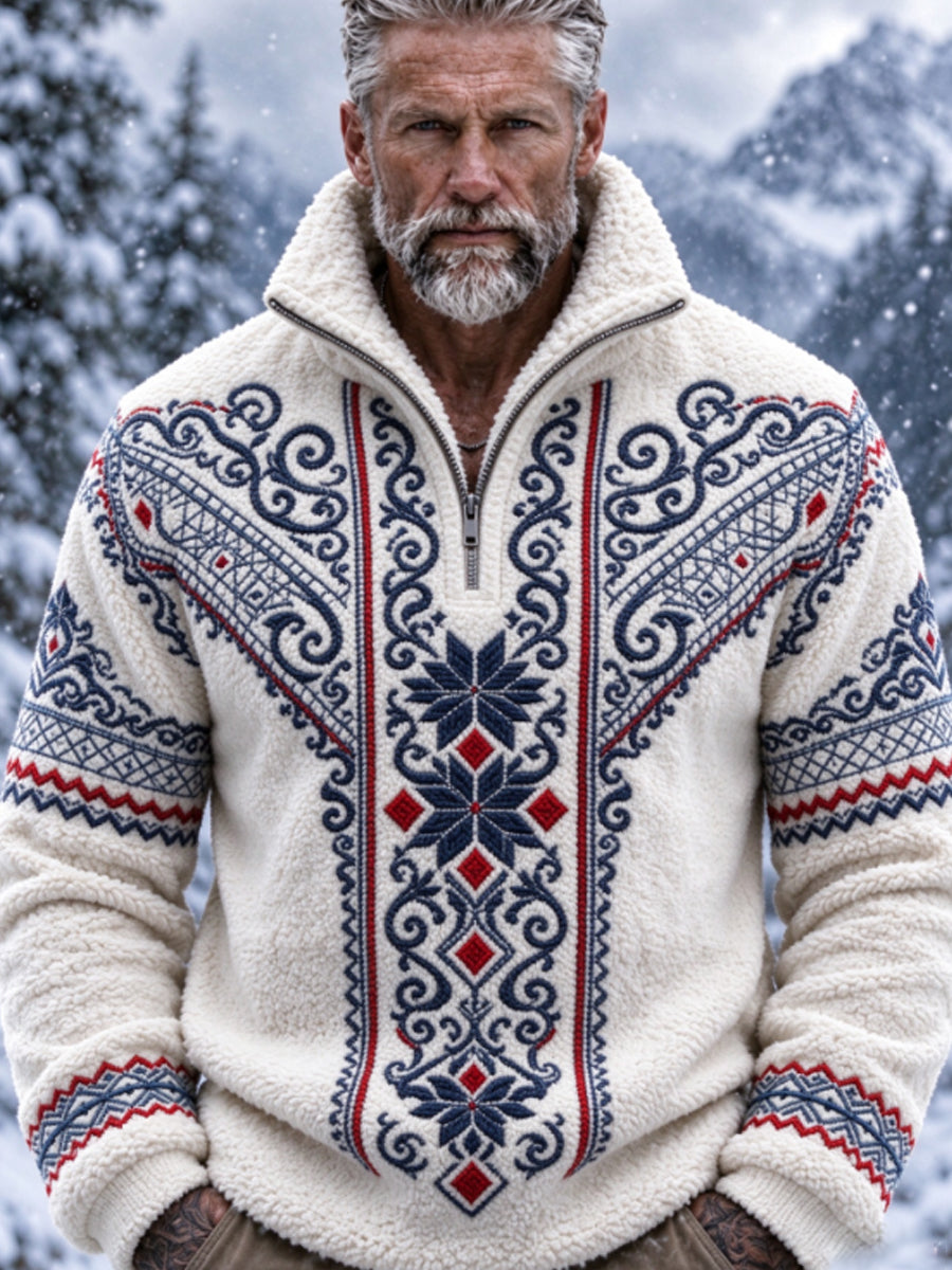 Herre-sweatshirt i nordisk Fair Isle-stil med geometrisk snefnugmønster, flannel