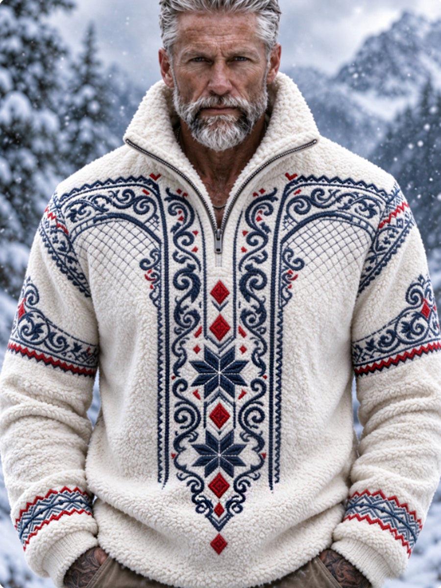 Herre-sweatshirt i nordisk Fair Isle-stil med geometrisk snefnugmønster, flannel