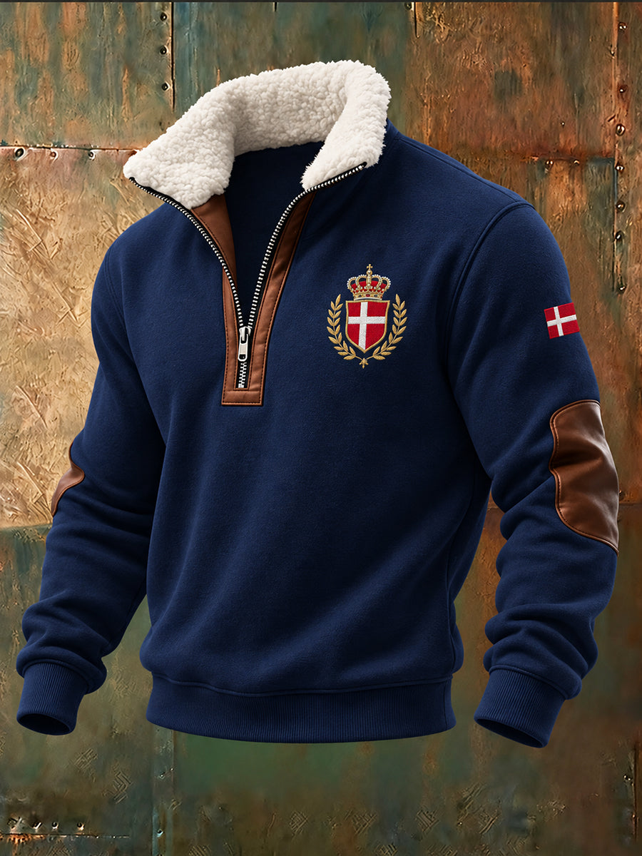 Herre-sweatshirt med fleecefor og høj krave samt patriotisk mindeprint