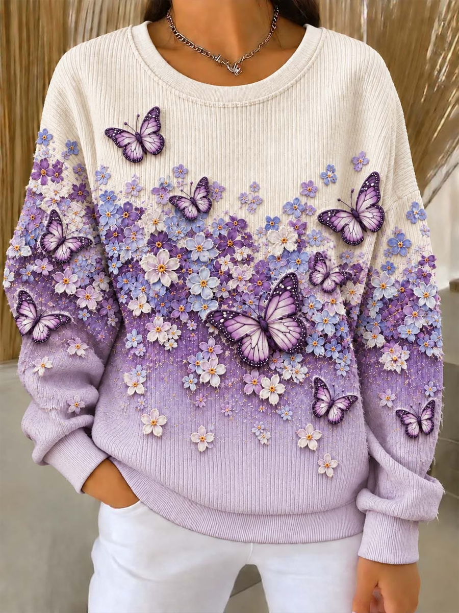 Kvinders sommerfugl og blomster trykt Ribbet rund hals Sweatshirt