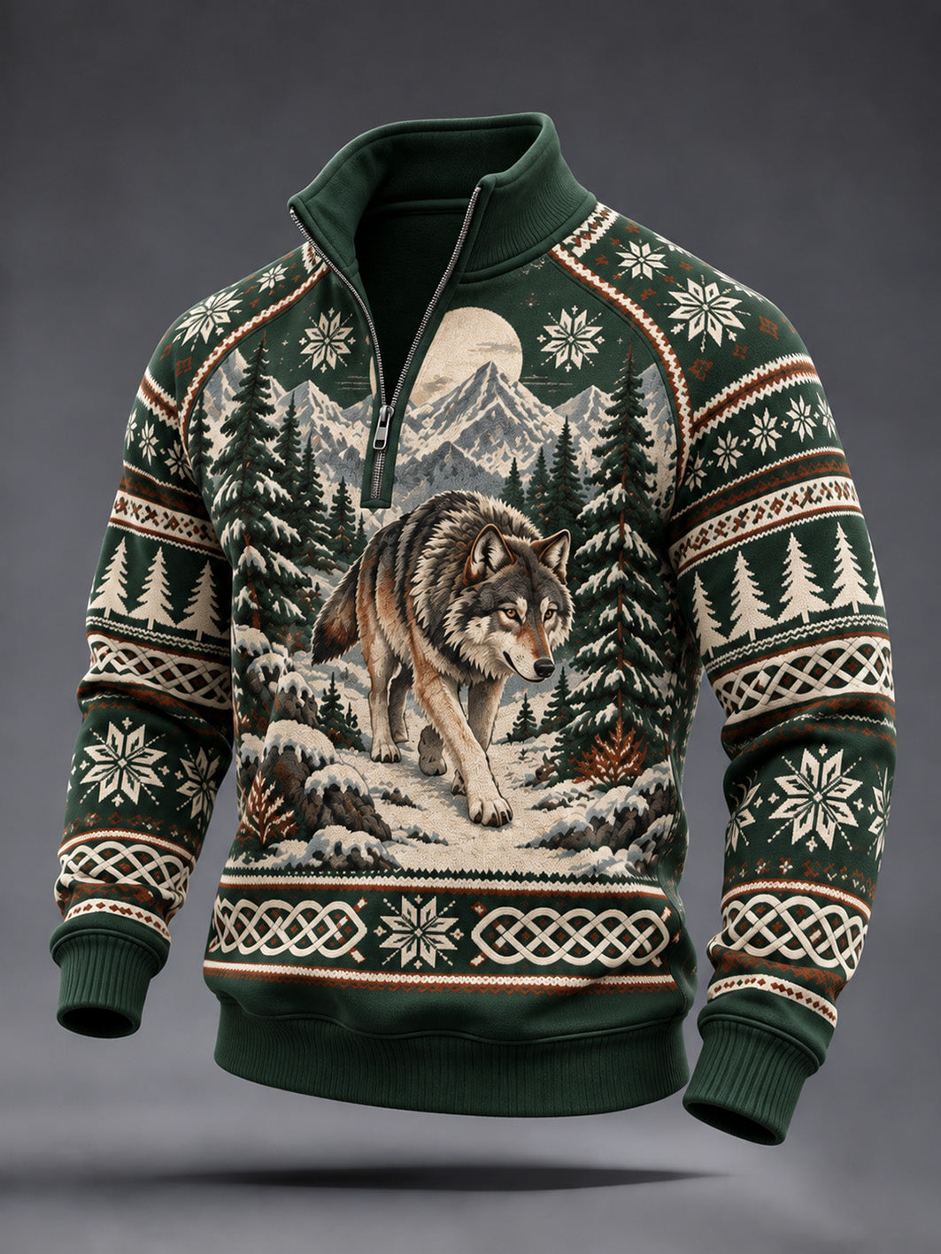 Mænds retro vikingestil sweatshirt med ulvemønster og halv lynlås til hverdagsbrug