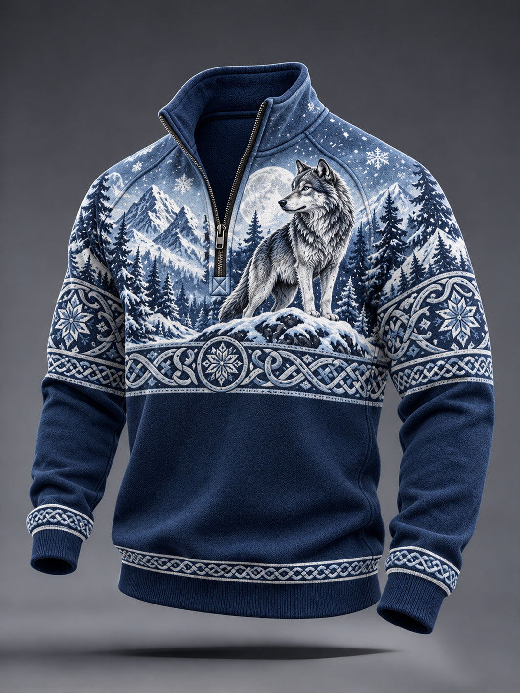 Mænds retro vikingestil sweatshirt med ulvemønster og halv lynlås til hverdagsbrug