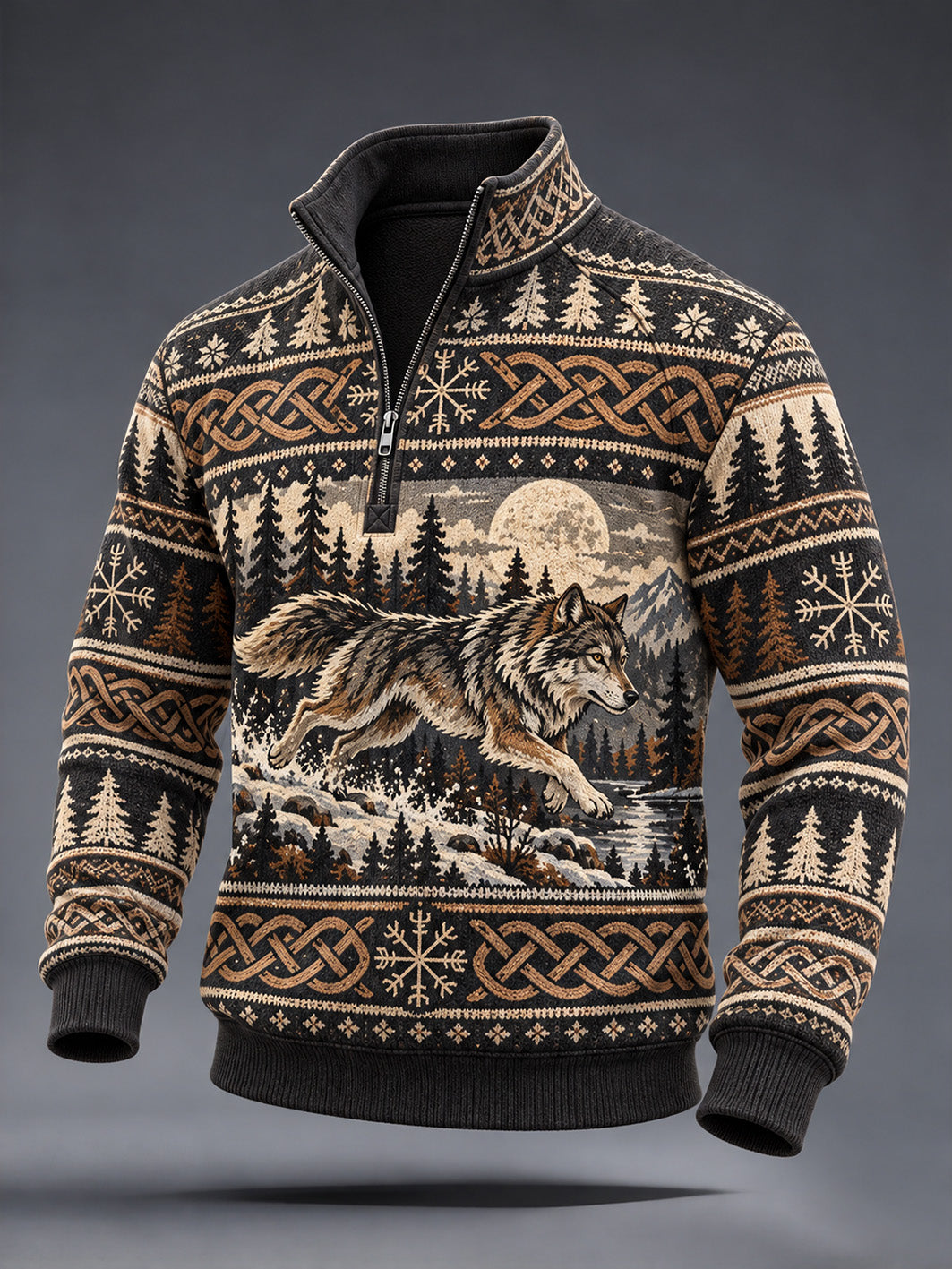 Mænds retro vikingestil sweatshirt med ulvemønster og halv lynlås til hverdagsbrug
