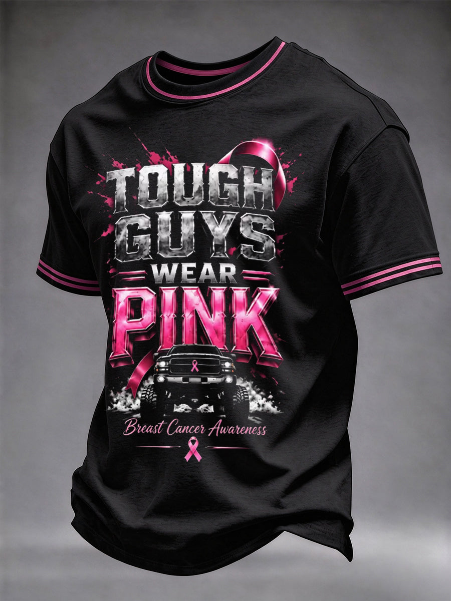 Mænds T-shirt til støtte for brystkræftsbevidsthed: "Rigtige mænd bærer pink"