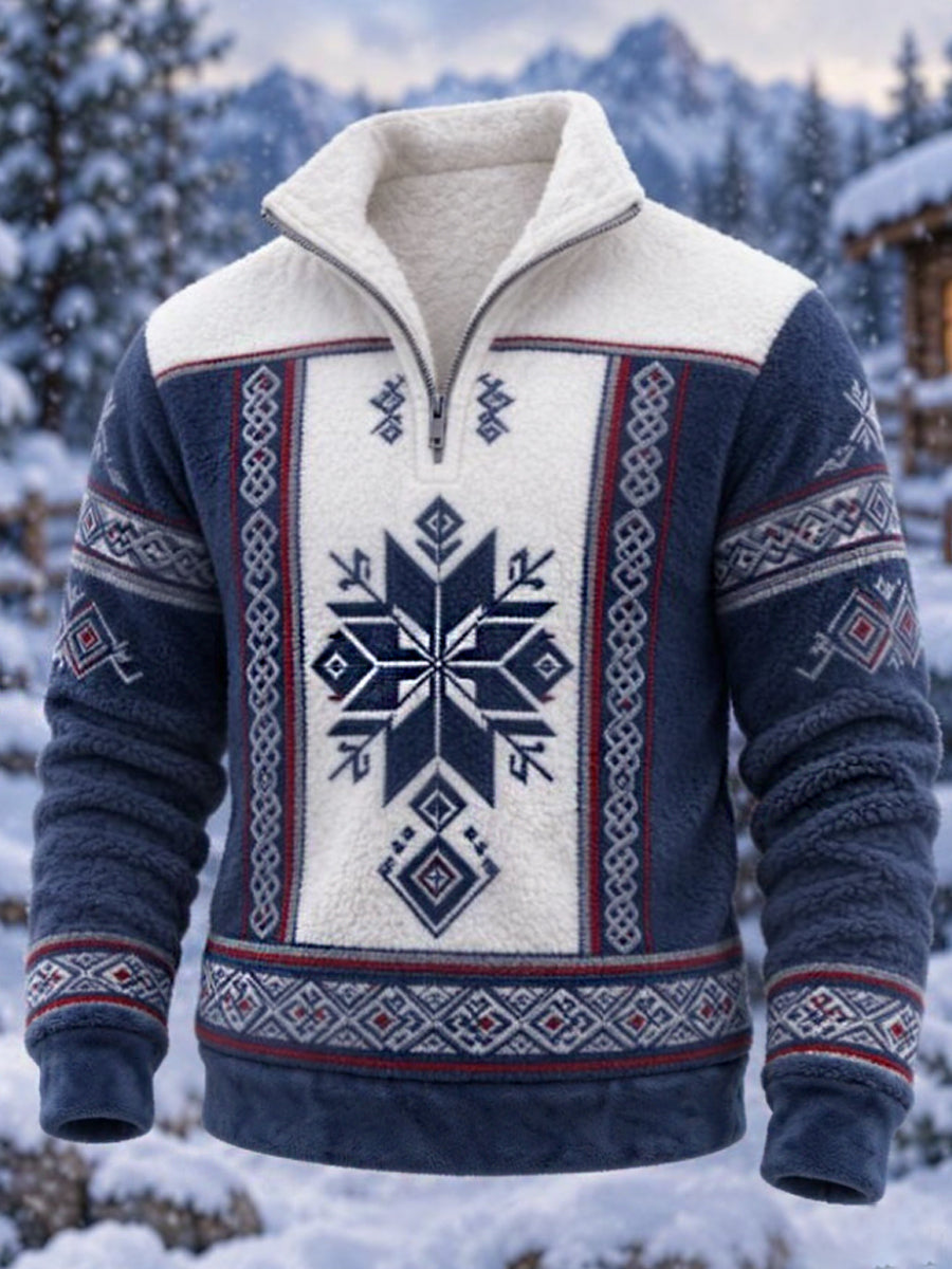 Herre-sweatshirt i nordisk Fair Isle-stil med geometrisk snefnugmønster, flannel