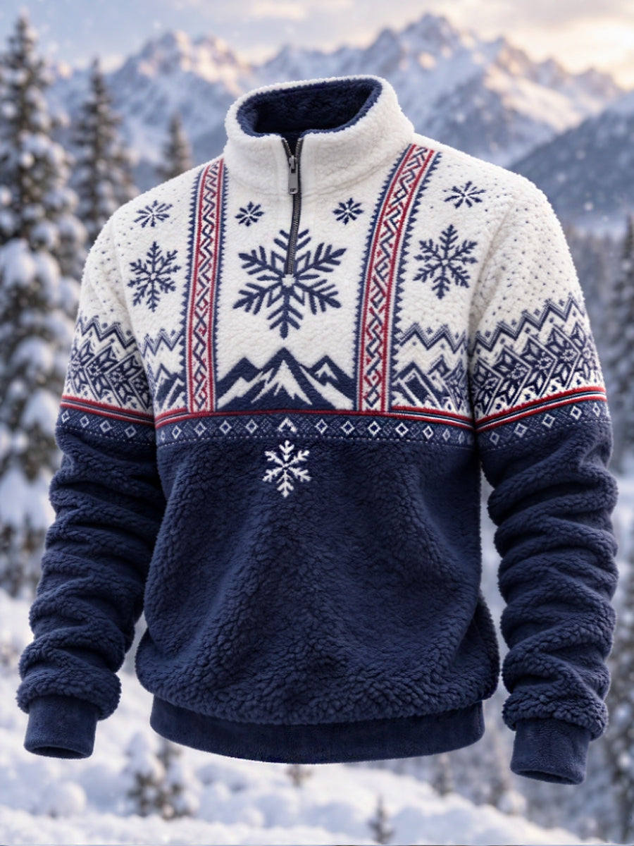 Herre-sweatshirt i nordisk Fair Isle-stil med geometrisk snefnugmønster, flannel