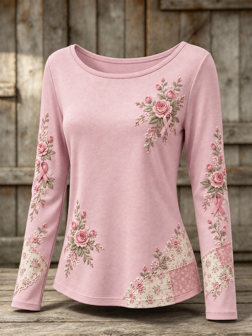 Kvinders Pink Rose og Pink Charity Ribbon Mønster Design Casual Velour Oversized Round hals T-shirt