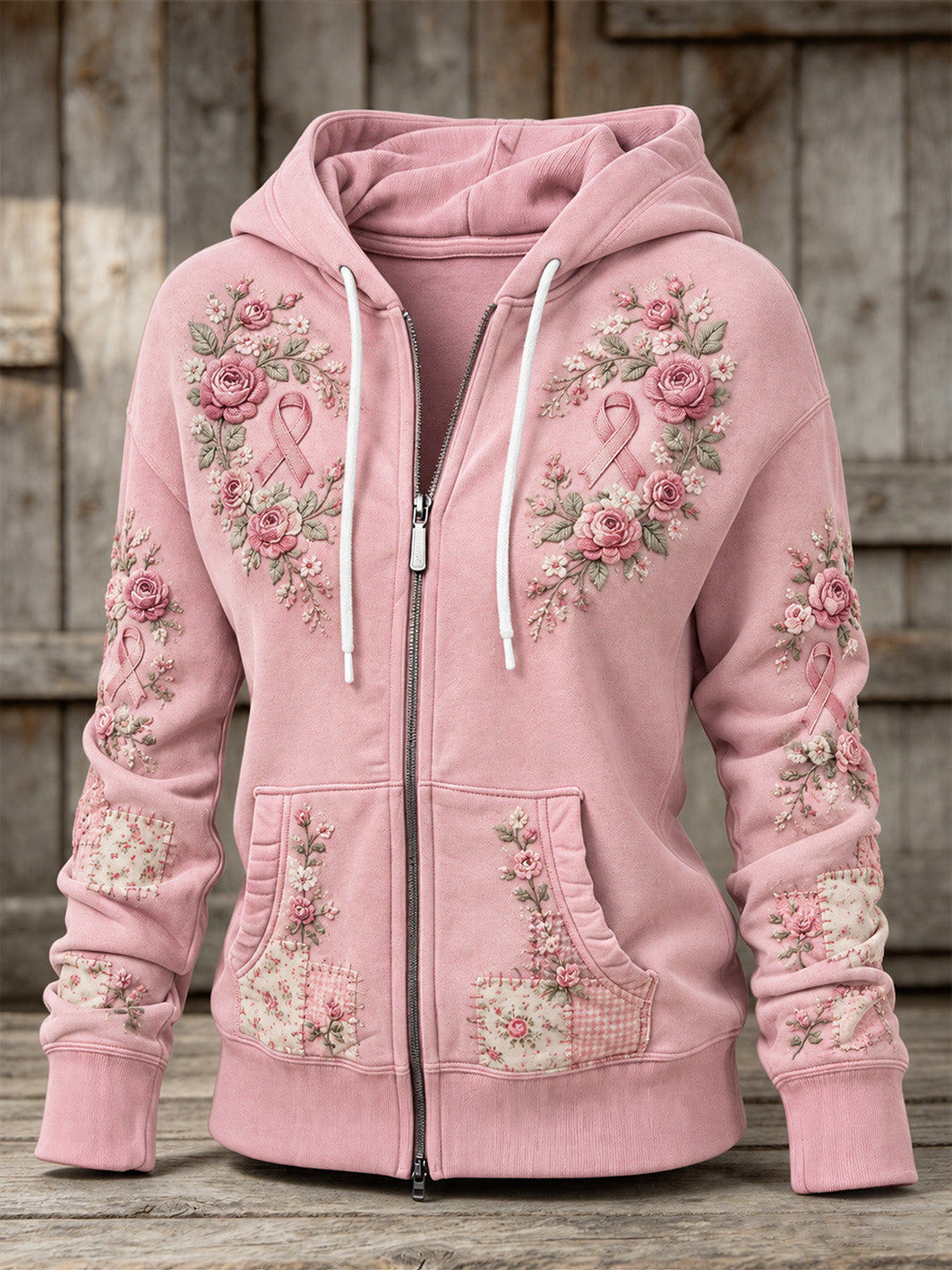 Kvinders Pink Rose og Pink Charity Ribbon Mønster Design Casual Zip-Up Hoodie