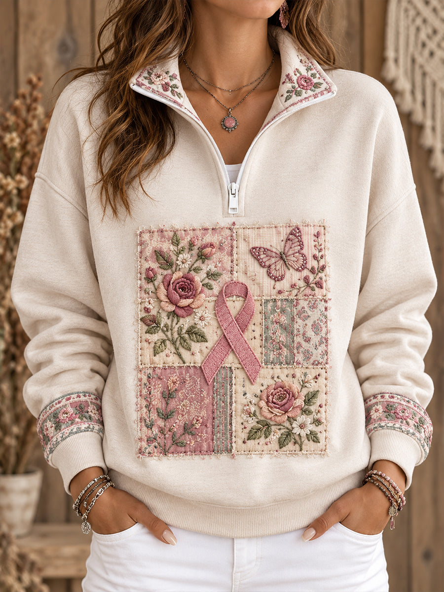 Kvinders boheme-stil sweatshirt med blomstermønster til støtte for brystkræftsbevidsthed