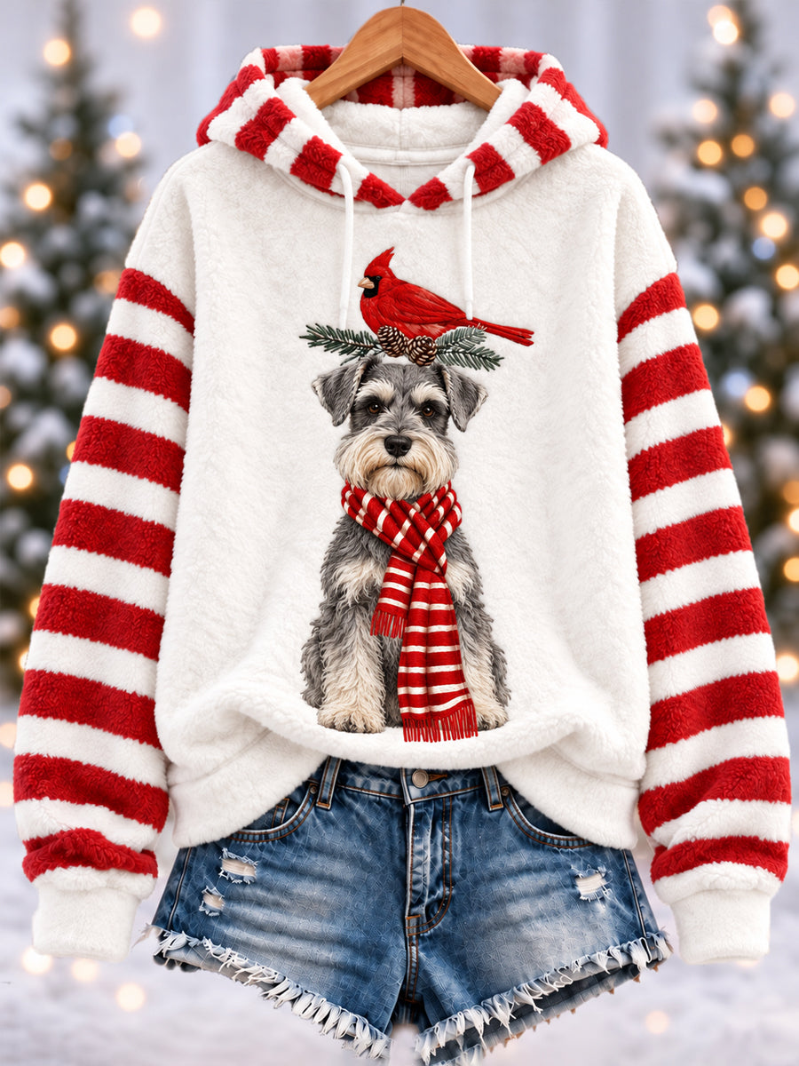 Kvinders jul søde sjov Schnauzer nordlige kardinal Striber Print Casual Flannel Hoodie Print