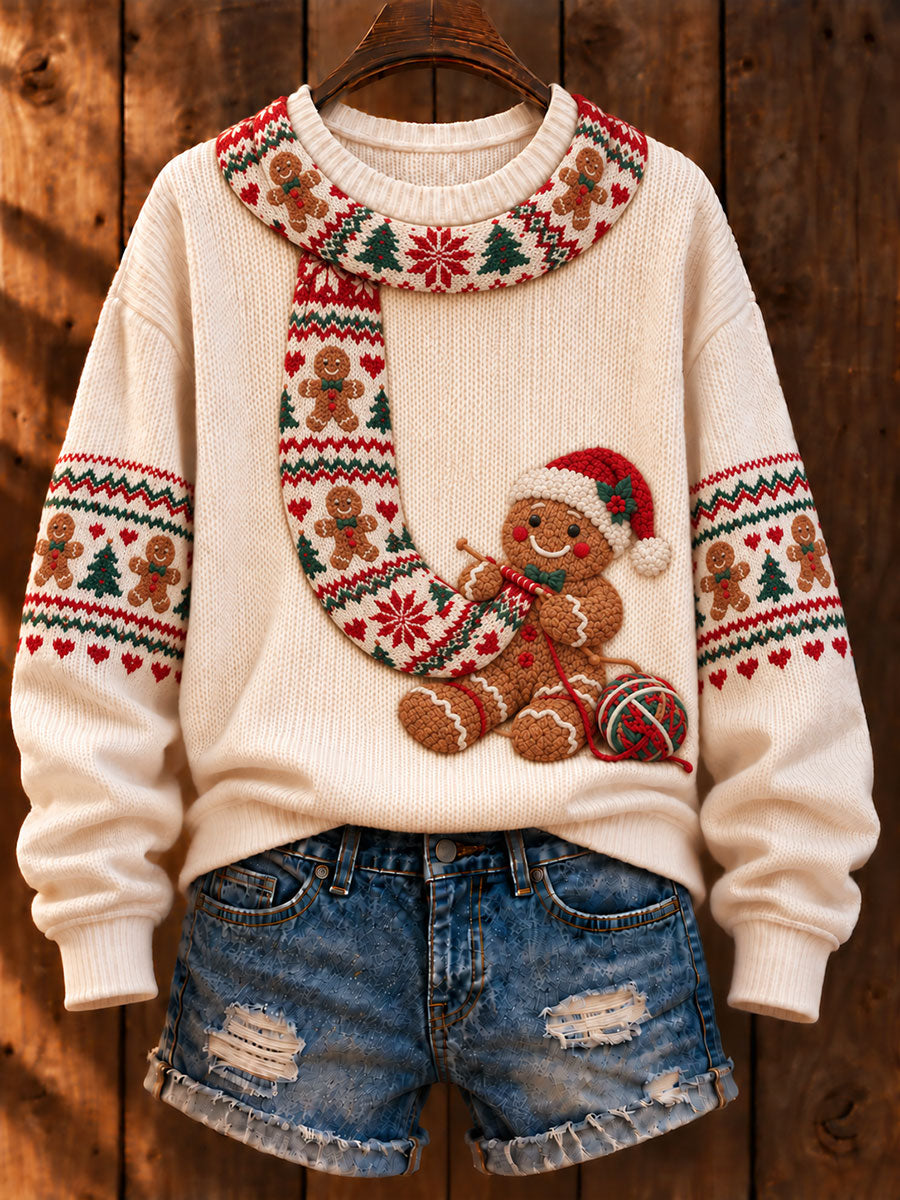 Kvinders jul 'Gingerbread mand Strikke et tørklæde' Trykt Casual Sweater Print