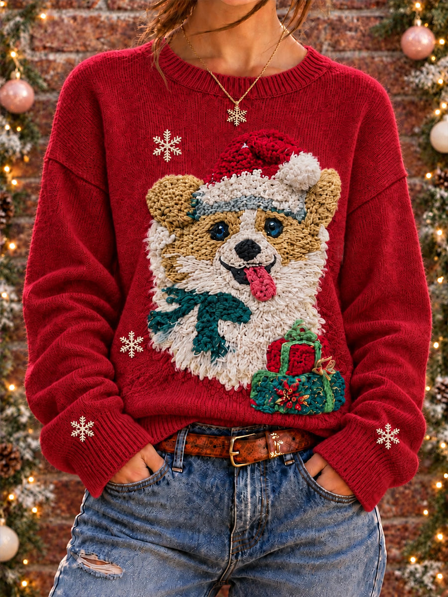 Kvinders søde jul hund kunst trykt sweater.