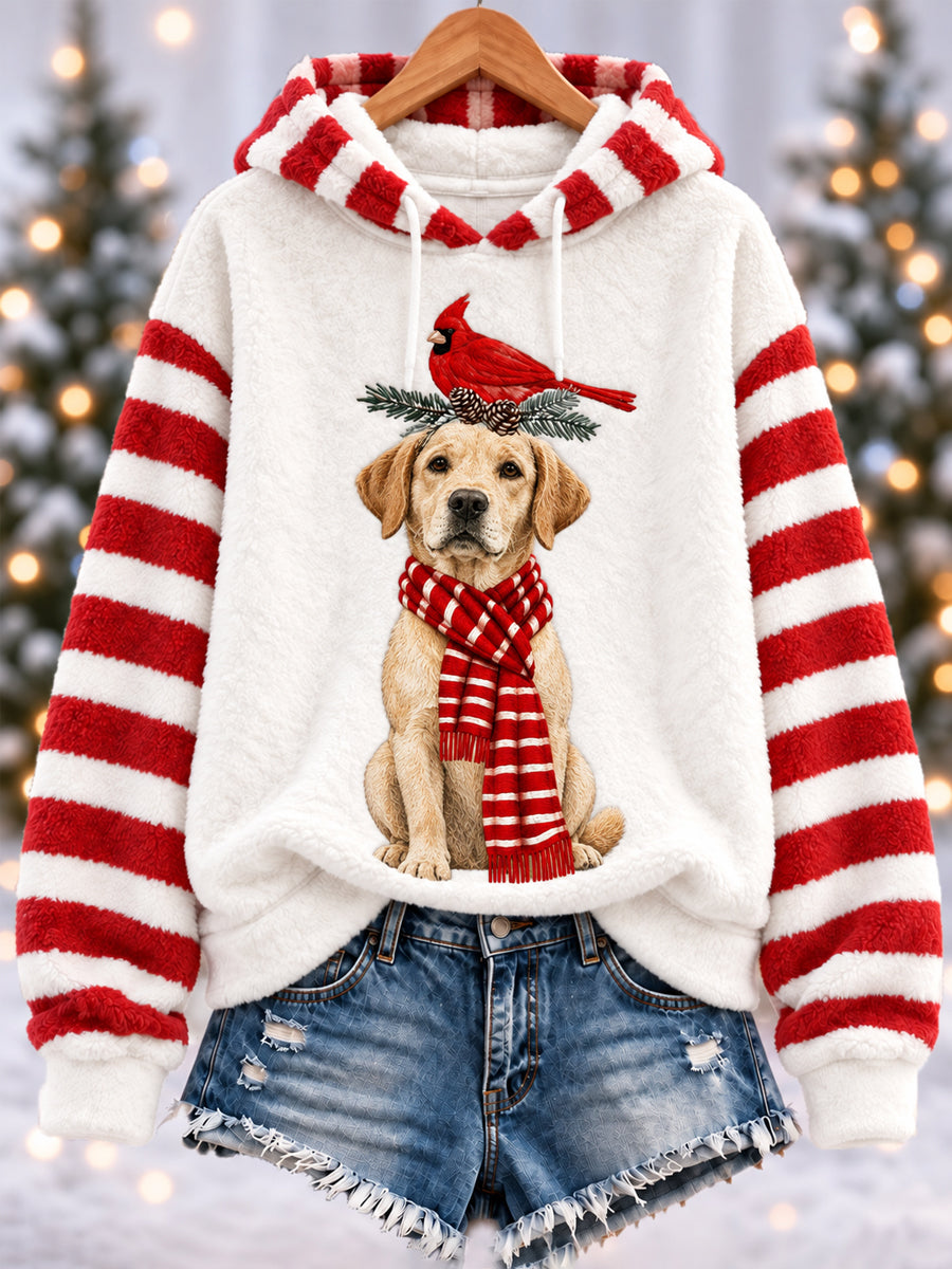 Kvinders jul søde sjove Labrador Retriever Northern Cardinal Striber Print Casual Flannel Hoodie Print Casual Flannel