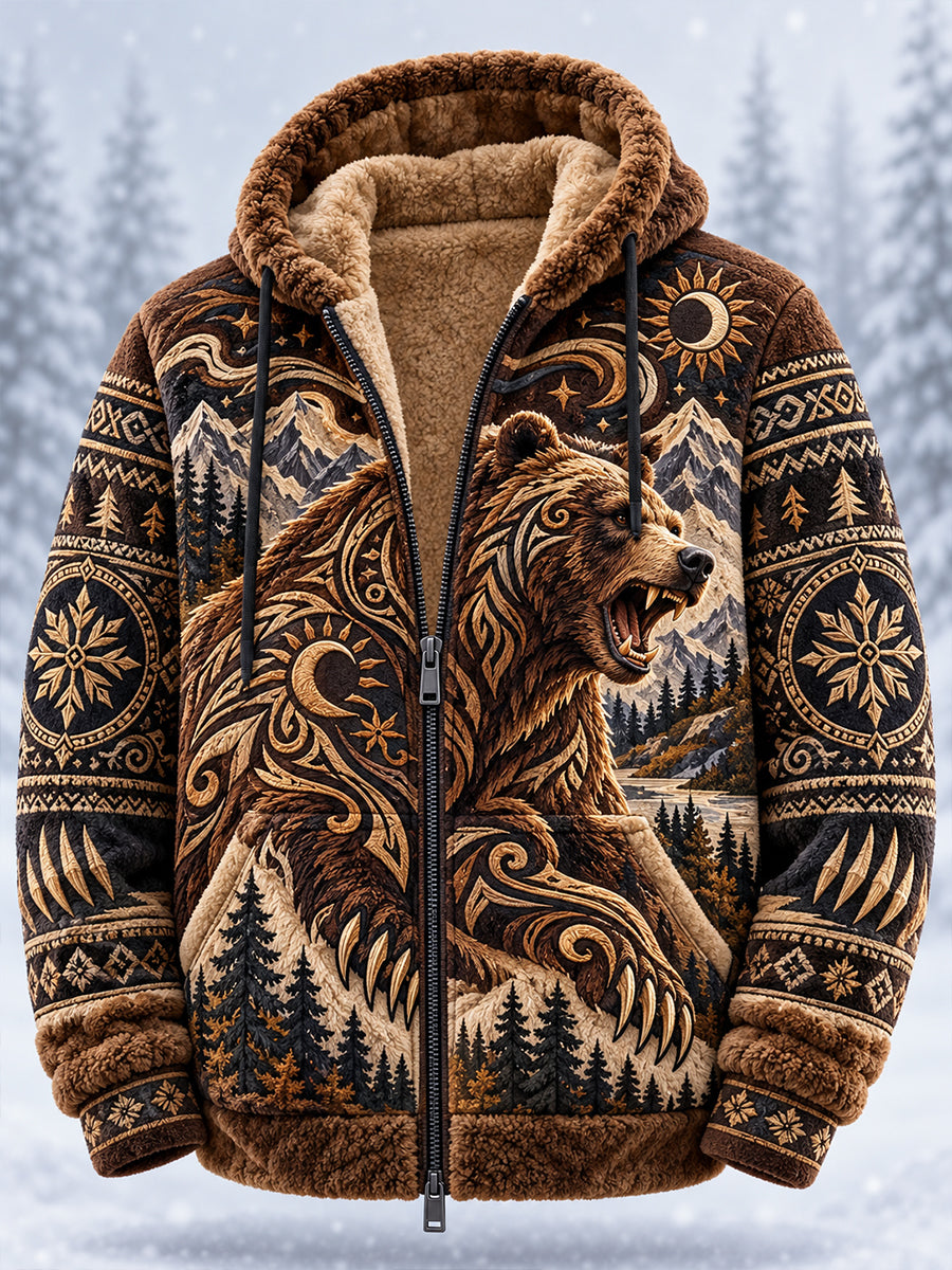 Herre-jakke i nordisk stil for høst/vinter, med flanell og dyremotiv, med hette