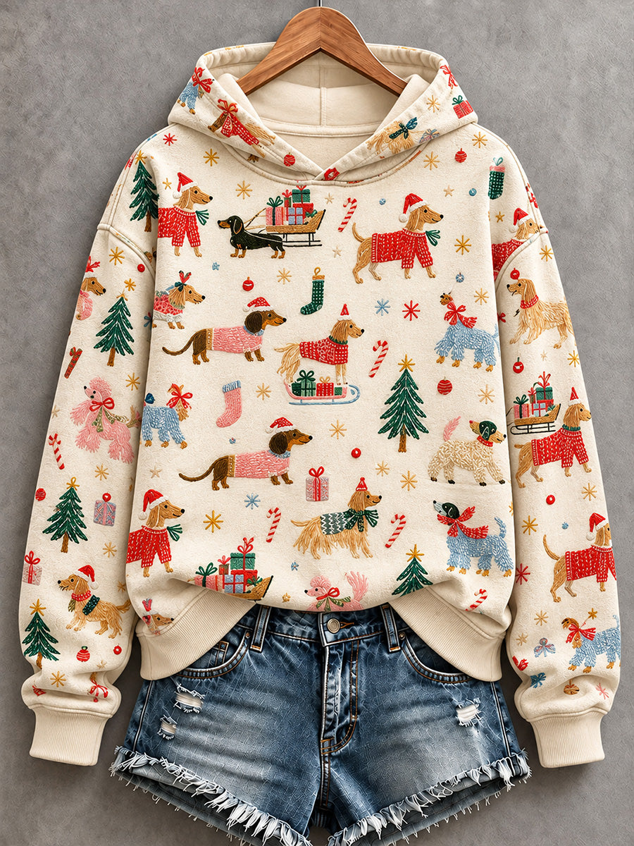 Kvinders farverige julhunde Print Comfy Hooded sweatshirt