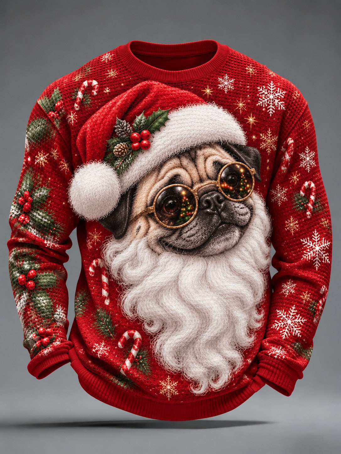 Mænds julehund-printet vaffelstof langærmet t-shirt