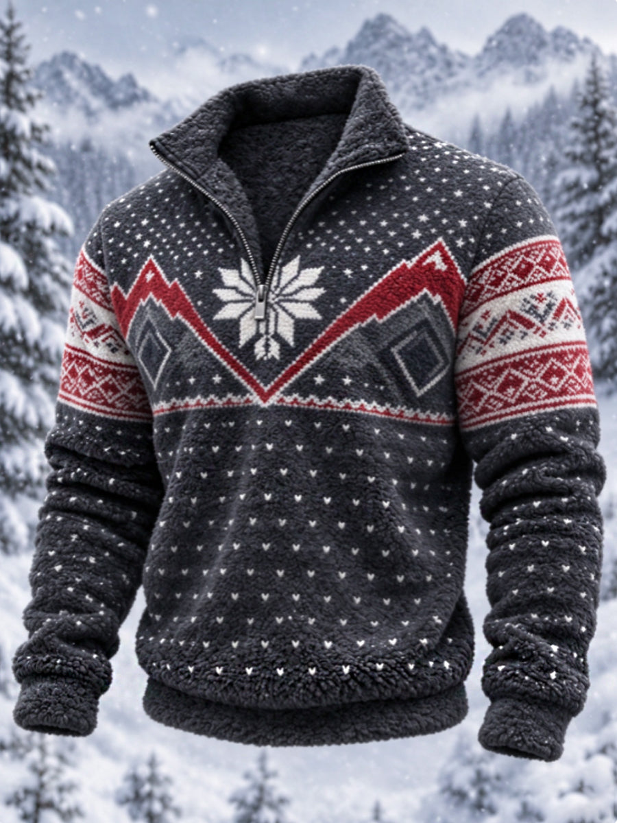 Herre-sweatshirt i nordisk Fair Isle-stil med geometrisk snefnugmønster, flannel