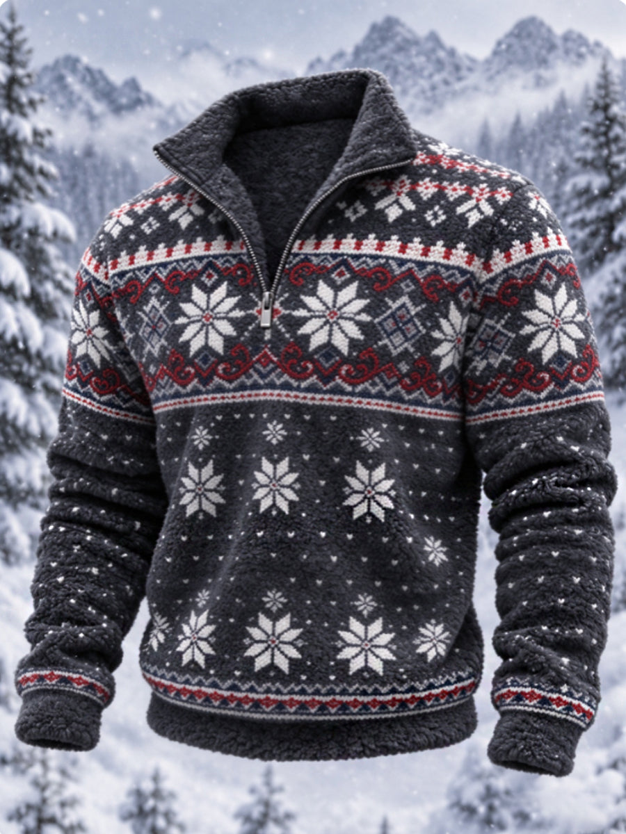 Herre-sweatshirt i nordisk Fair Isle-stil med geometrisk snefnugmønster, flannel