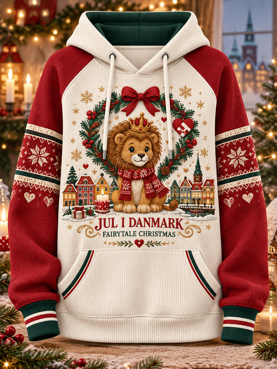 Damehoodie med grafisk juleprint og raglanærmer