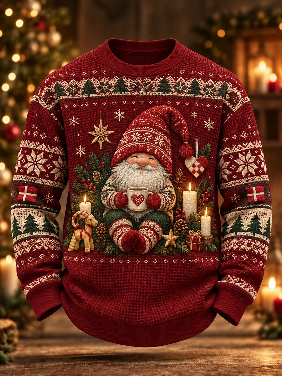 Mænds julemotiveret printet vaffelstrikket langærmet sweatshirt
