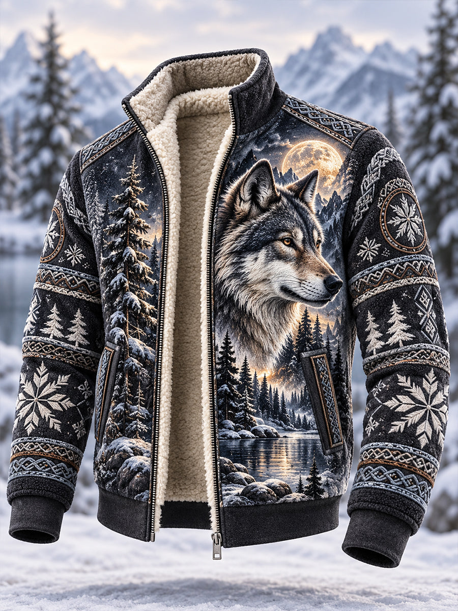 Mænds Nordic Forest Animal Fleece-Lined Stand-Collar Jacke