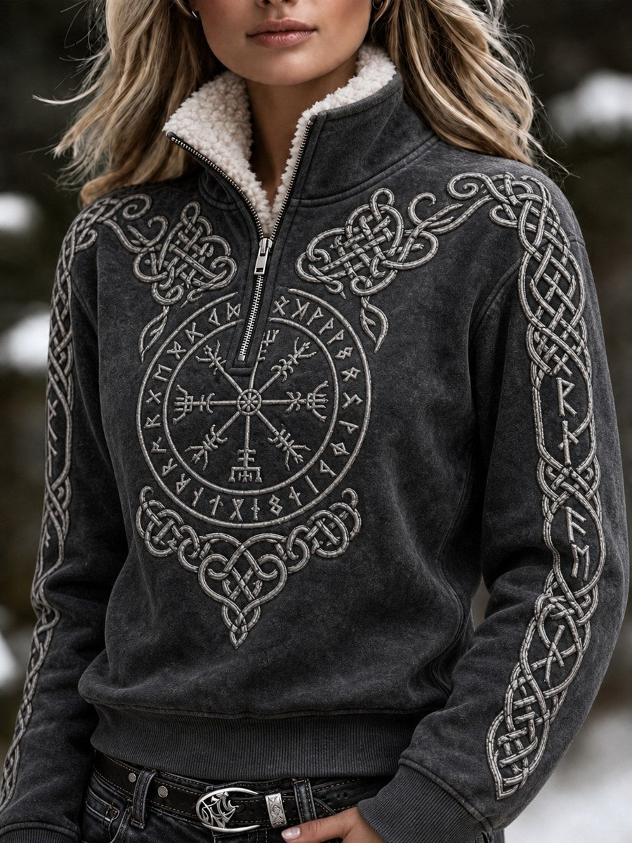 Kvinders Vintage Viking Vegvisir Celtic Knob Print Hyggelig Fur krave Zip op Pullover