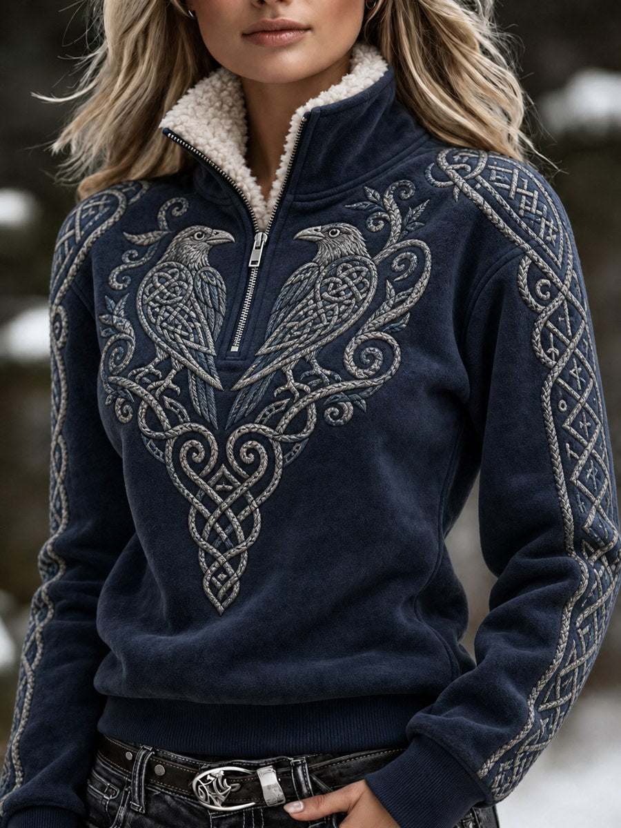 Kvinders Vintage Viking Ravens Celtic Knod Print Hyggelig Fur krave Zip op Pullover