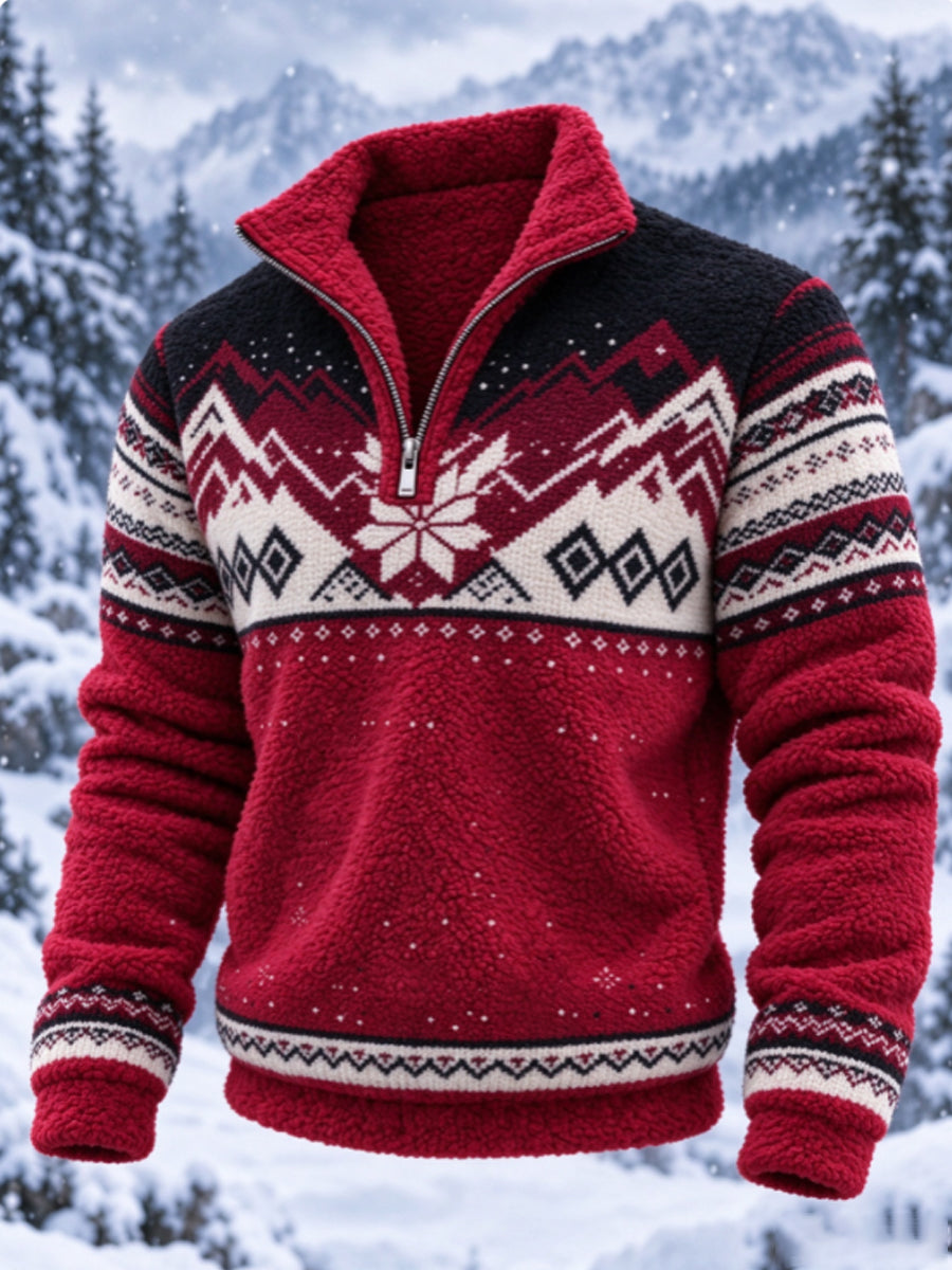 Herre-sweatshirt i nordisk Fair Isle-stil med geometrisk snefnugmønster, flannel