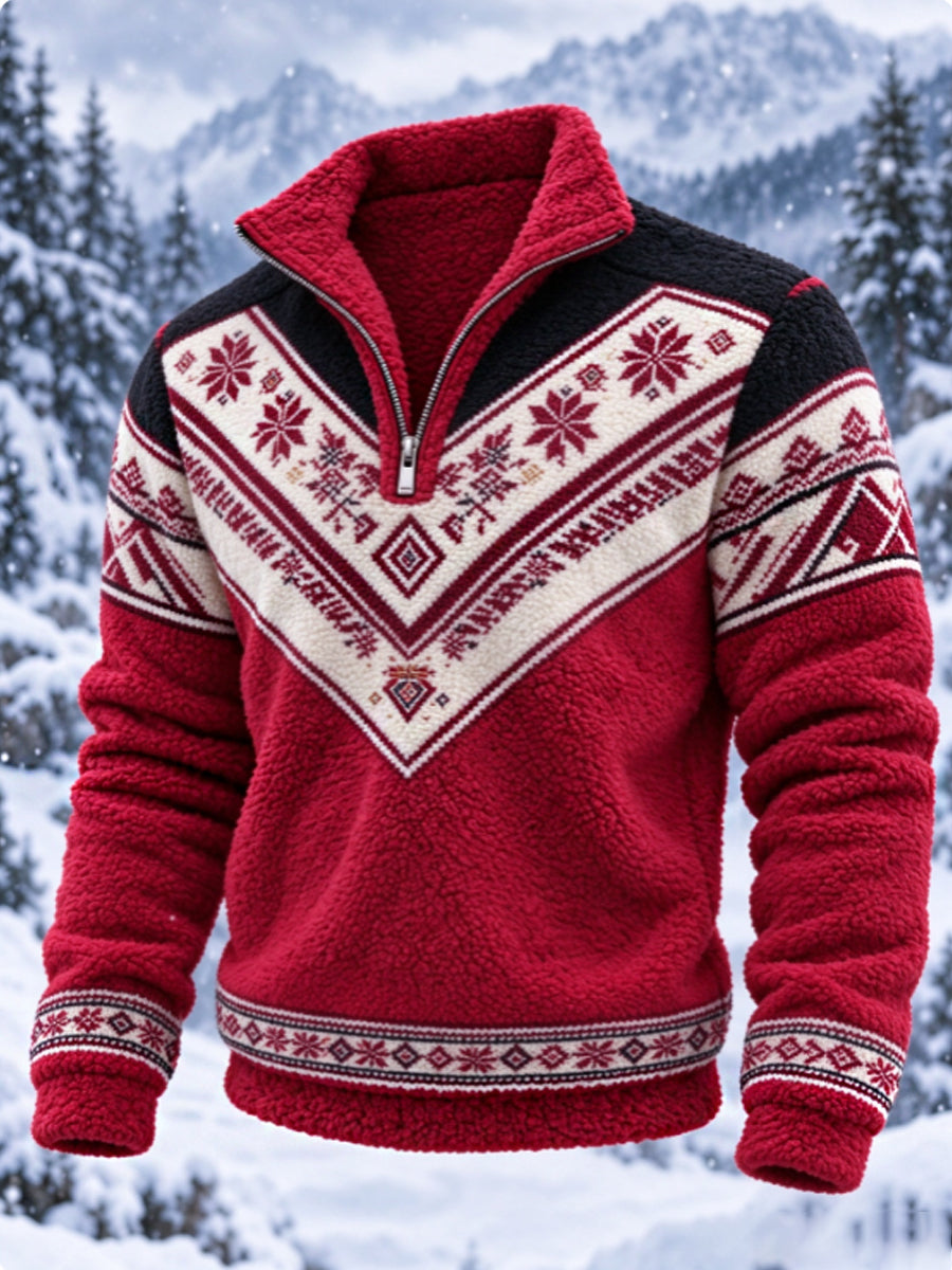 Herre-sweatshirt i nordisk Fair Isle-stil med geometrisk snefnugmønster, flannel
