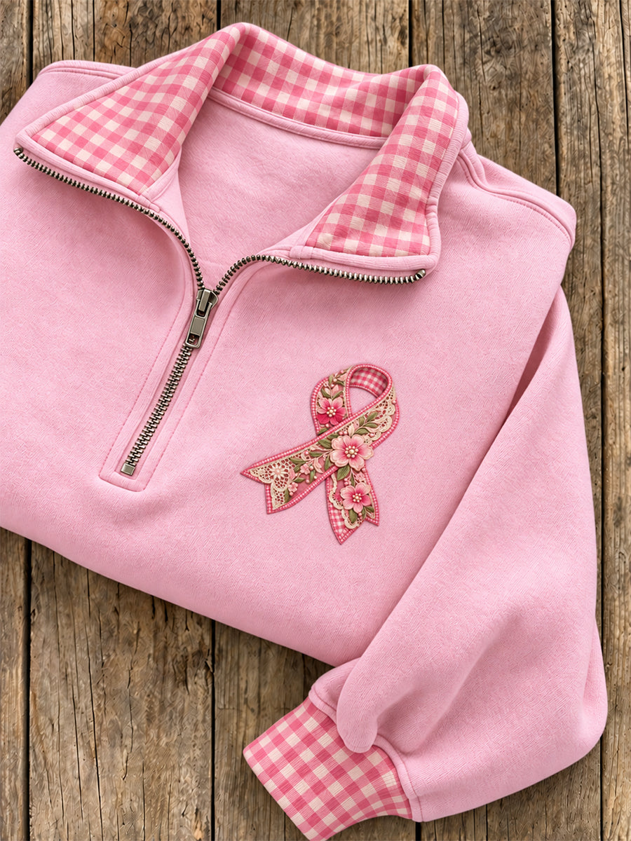 Kvinders Vintage Pink Ribbon Plaid mønster Casual Half-Zip Sweatshirt