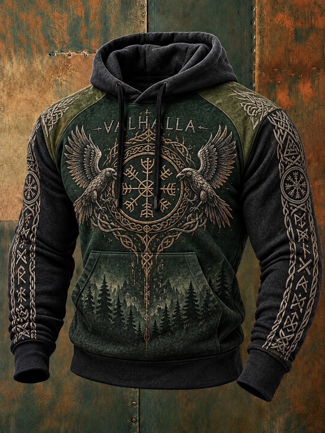 Herre-hættetrøje med vikingestil og Valhalla-print