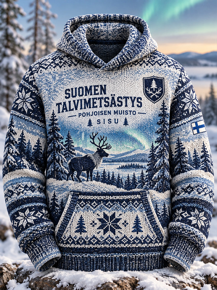 Miesten talvinen metsästysteemainen graafinen neulottu huppari
